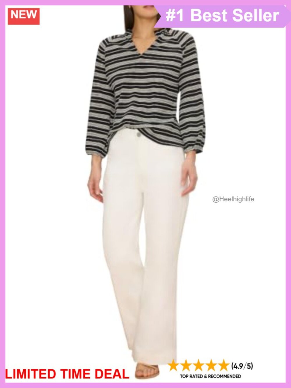 Dashing Stripe Knit Top Ruffled Split Neck 3/4 Sleeve Women's Sweater